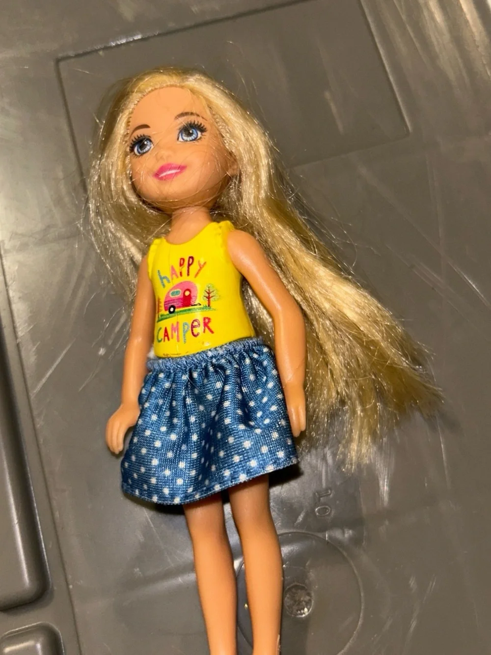 Mattel Blonde Fashion Doll in Yellow 'Happy Camper' Top and Blue Polka Dot Skirt